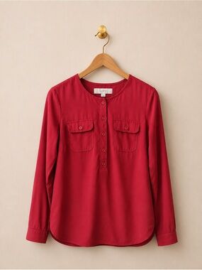 LOFT Petites Women’s SP Red Long Sleeve Utility Blouse Button Front Pockets